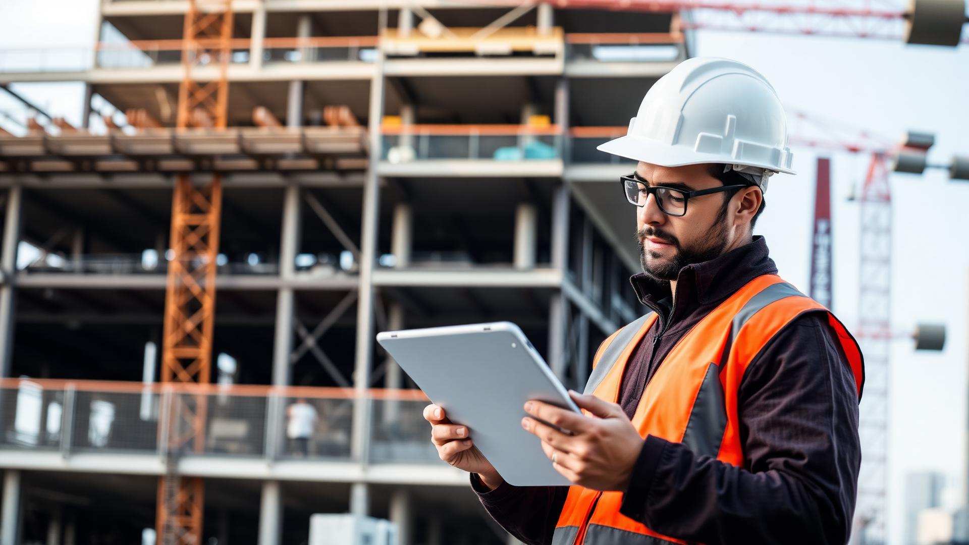 Construction professional using a tablet on a job site