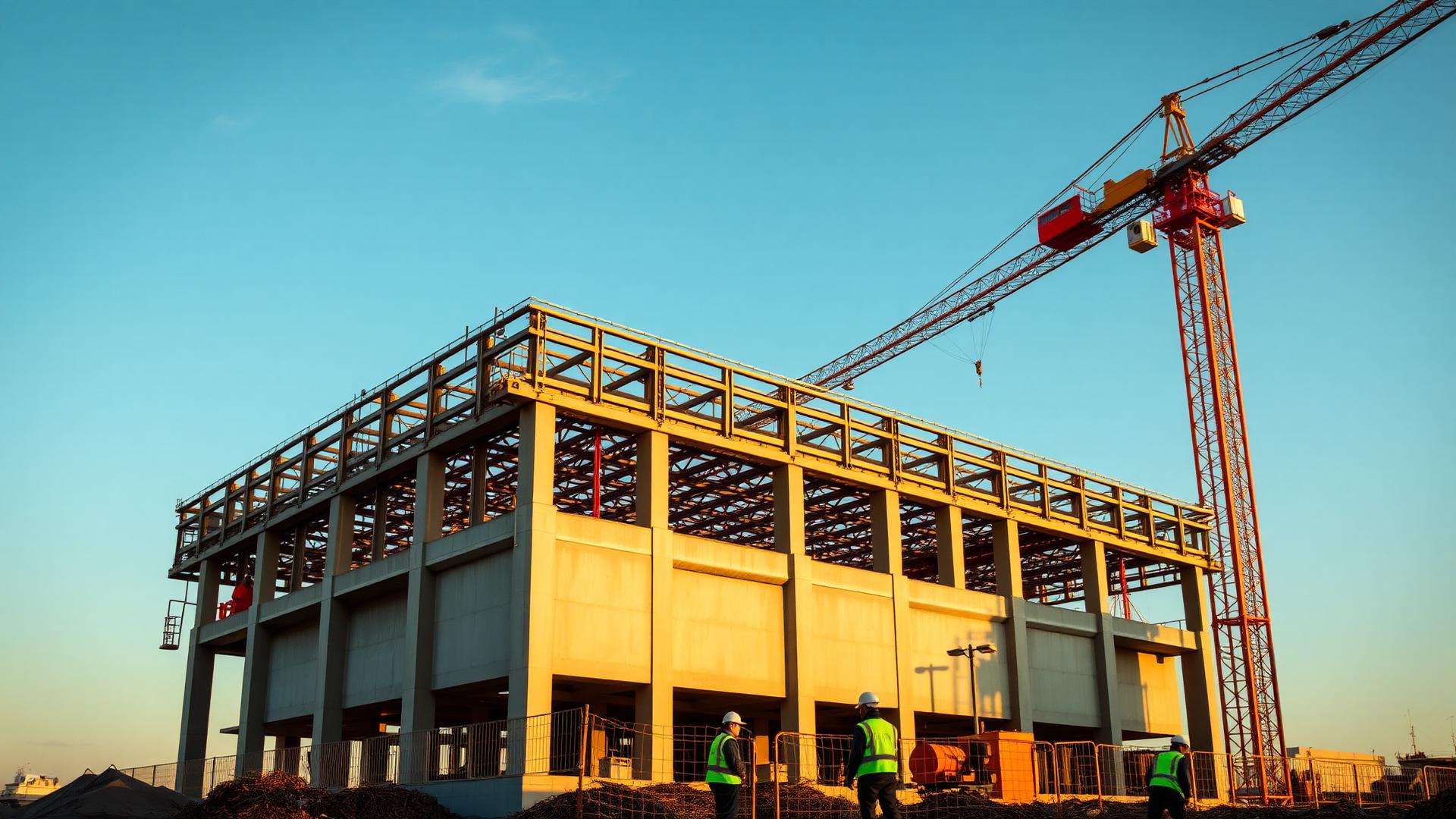 Active commercial construction site with steel framing and workers